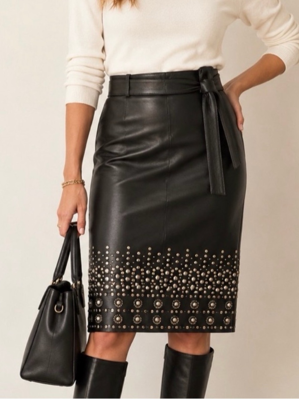 Lafayette 148 Lambskin Leather Skirt Studded Embellished Size 2